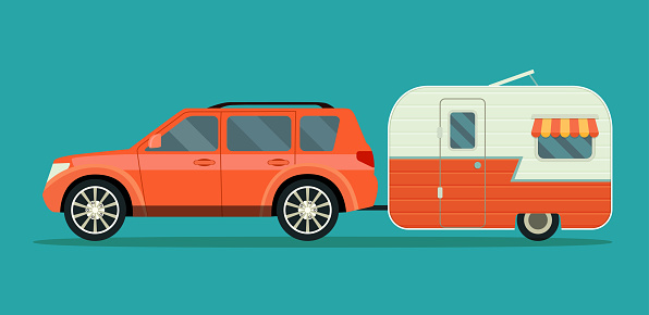 Red car and trailers caravan isolated. Vector flat style illustration