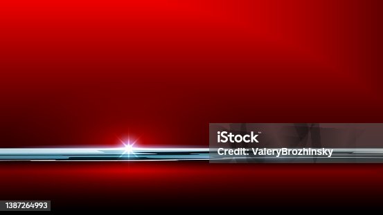 istock Red car body fragment, part. Background for banner in automotive style. Shiny car close up view. Vehicle paint coating texture. Chrome molding, logo, steel body. Vector background, template, mockup 1387264993