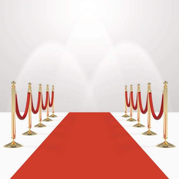 ilustrações de stock, clip art, desenhos animados e ícones de red carpet with red ropes on golden stanchions - ropes backstage theater