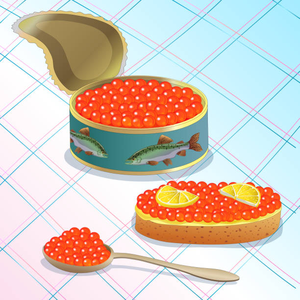 Red caviar of fish from the salmon family. Caviar sandwich. Bank of pink salmon caviar. Sushi caviar. Red caviar of fish from the salmon family. Caviar sandwich. Bank of pink salmon caviar. Sushi caviar. roe stock illustrations
