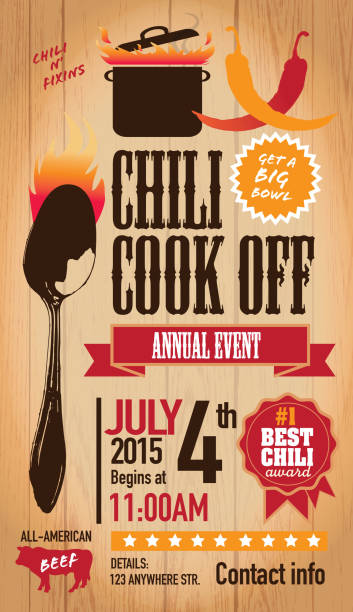 Red Chili cookoff invitation design template on wooden background Vector illustration of a Chili Cookoff invitation design template. Bright and colorful. Includes green, red color themes with green large crock pot on flames and spoon. Wooden background Perfect for white background design for picnic invitation design template, summer barbecue event, picnic celebration, backyard bbq, private or corporate party, birthday party, fun family event gathering, potluck supper. cooking competition stock illustrations