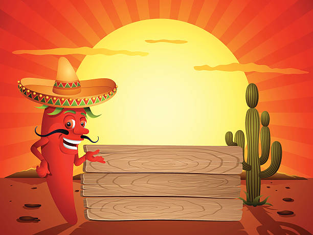 Red Chili Pepper in the Mexican Desert Red Chili Pepper in the Mexican Desert. High Resolution JPG,CS5 AI and Illustrator EPS 8 included. Each element is named,grouped and layered separately. cactus backgrounds stock illustrations