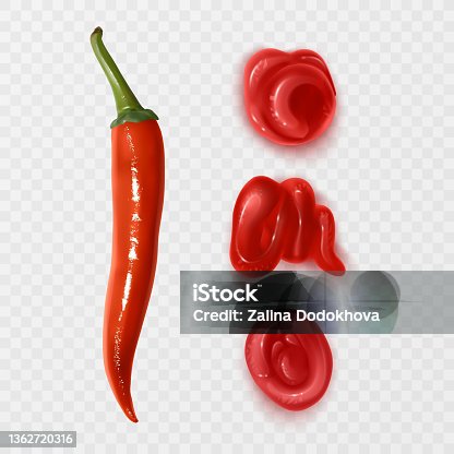 istock Red chili pepper isolated on white background and red sauce drops, vector illustration 1362720316