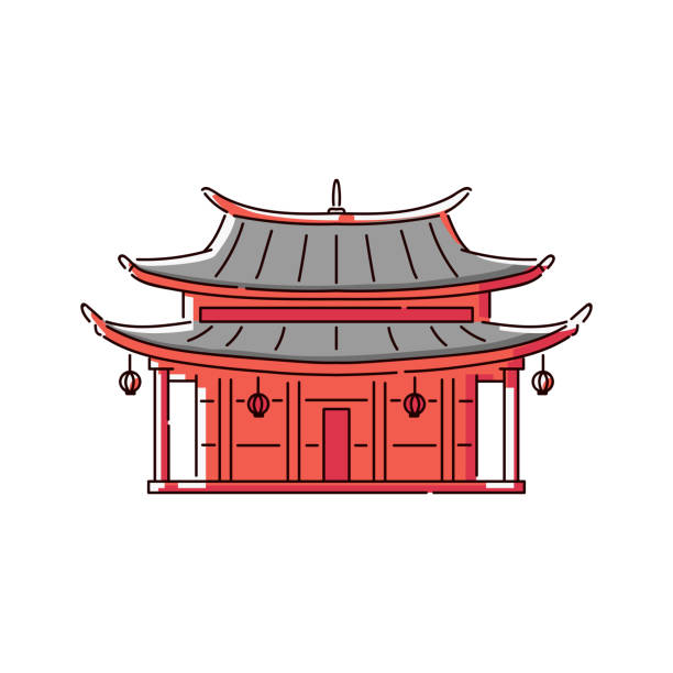 kırmızı çin pagoda ev simgesi - beyaz arka plan üzerinde izole geleneksel oryantal kültür sembolü - synagogue stock illustrations