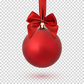 Red Christmas ball with ribbon and a bow, isolated on transparent background. Vector illustration.