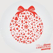 Red Christmas decoration ball with icons and text. Text and design elements are on different layers, grouped.  Aics3 and Hi-res jpg files are also included.