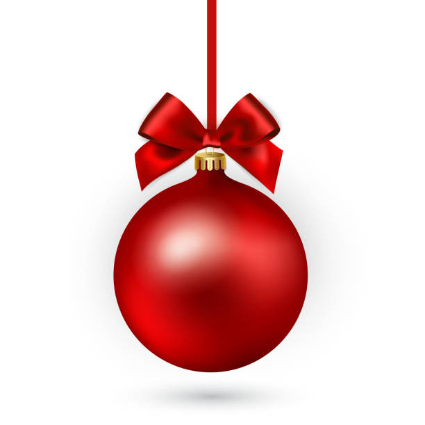 illustrazioni stock, clip art, cartoni animati e icone di tendenza di palla di natale rossa con nastro e fiocco su sfondo bianco. illustrazione vettoriale. - christmas ball