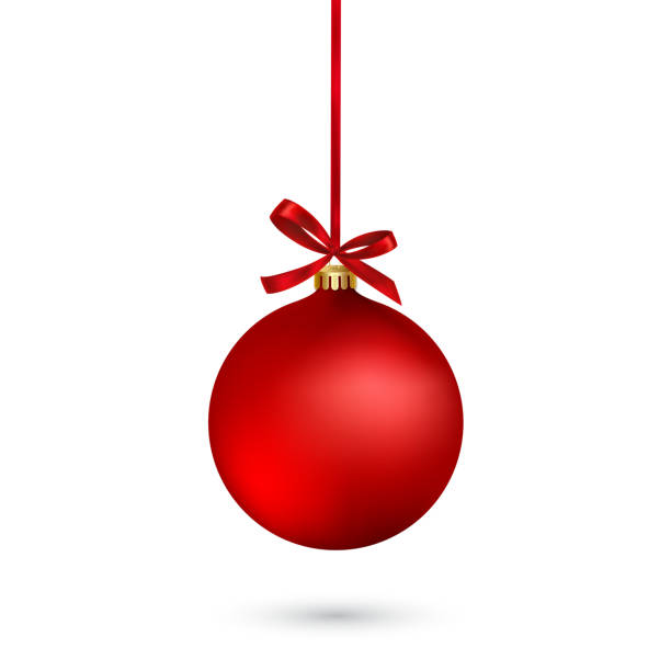 rote weihnachtskugel mit band und schleife auf weißem hintergrund. vektor-illustration. - weihnachtskugel stock-grafiken, -clipart, -cartoons und -symbole