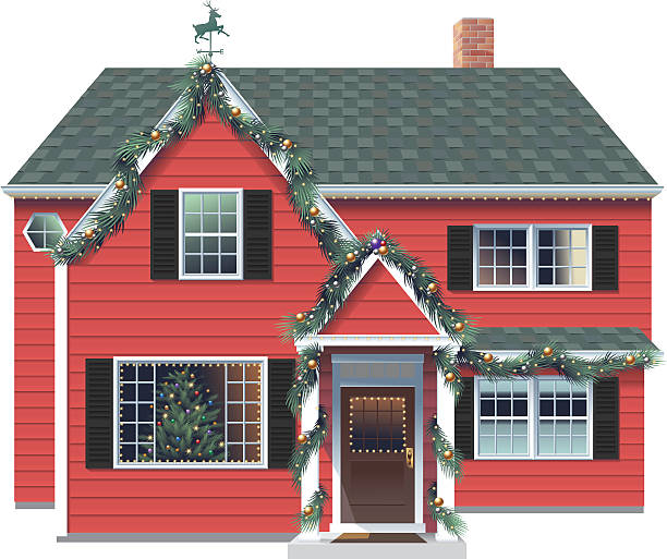 Red Christmas House A jolly red two story house is decorated with pine garlands, ornaments and Christmas tree lights. A Christmas tree is visible in the window.  christmas lights house stock illustrations