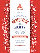 Red Christmas Party Invitation Template. The text is centered on a white banner with retro holiday icons in flat design colors.