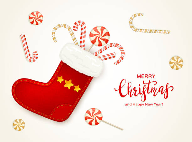 rote weihnachtssocke mit süßigkeiten - nikolaus stiefel stock-grafiken, -clipart, -cartoons und -symbole