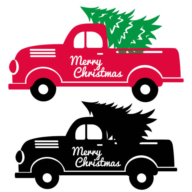 Red christmas truck with tree This beautiful clipart is great for using on scrapbooking, card-making, invitations, greeting cards, product design, tags, labels and so much more. truck clipart stock illustrations