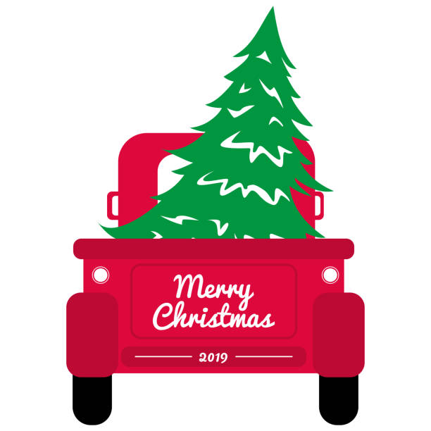 bildbanksillustrationer, clip art samt tecknat material och ikoner med röd jul bil med träd - lastbil