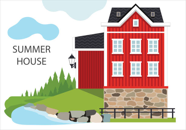 bildbanksillustrationer, clip art samt tecknat material och ikoner med rött klassiskt svenskt hus i skogen - villa sverige