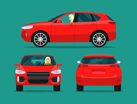 Red compact CUV isolated. Car CUV with driver woman side view, back view and front view. Vector flat style illustration
