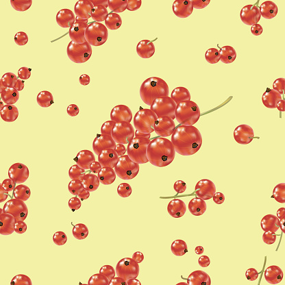 Red currant seamless pattern. Ripe shiny berries on a yellow background.