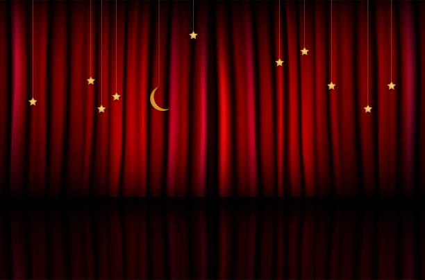 ilustrações de stock, clip art, desenhos animados e ícones de red curtain with hanging golden stars and moon - ropes backstage theater