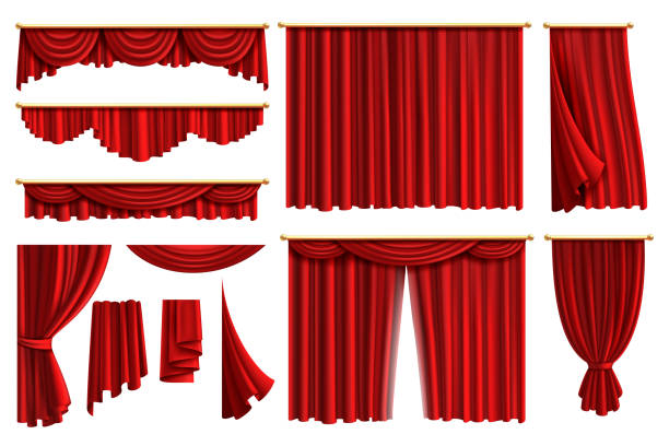 kırmızı perdeler. set gerçekçi lüks perdeli dekor iç kumaş iç perdelik tekstil astarlık, vektör illüstrasyon - kırmızı stock illustrations