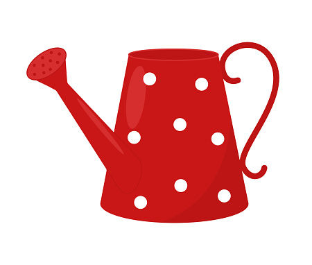 Red decorative watering can in flat style isolated on white. Element of gardening. Vector illustration