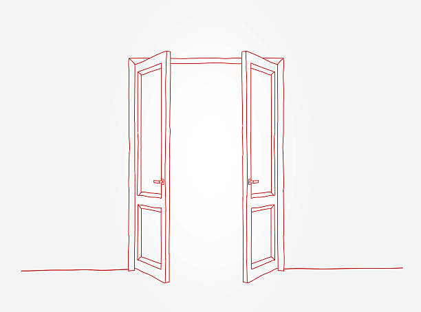 Red doors contour Two red contoured doors on the light grey background. open door stock illustrations