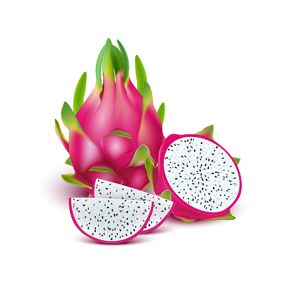 Red dragon fruit, whole fruit and half. Tropical fruits for healthy lifestyle. Realistic 3d Design Element For Web Or Print Packaging.