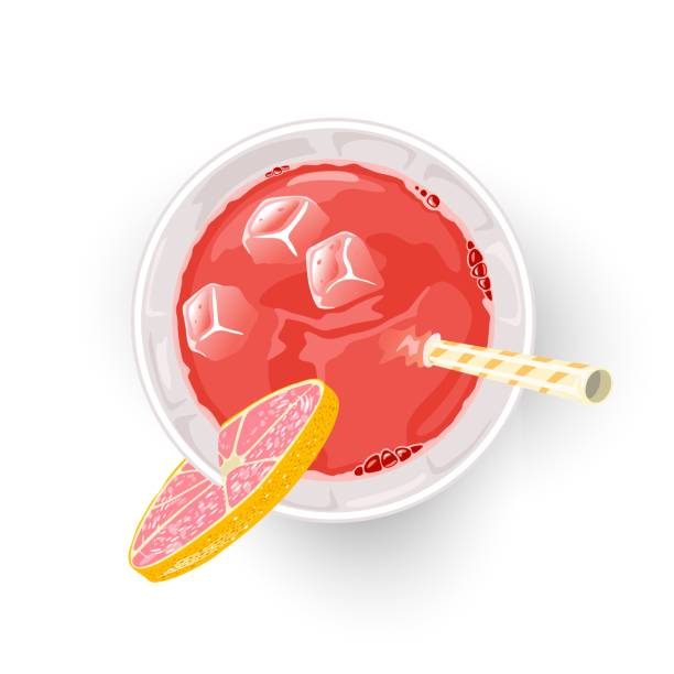 illustrazioni stock, clip art, cartoni animati e icone di tendenza di bevanda rossa dal succo di pompelmo appena spremuto e altro ingrediente in vetro con cubetti di ghiaccio, paglia - aperitivo