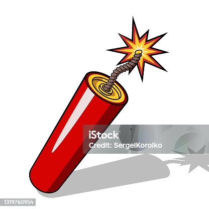istock Red dynamite stick icon with burning wick and shadow isolated on white background. Vector illustration 1319760954