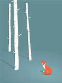 Red fox in winterly forest. Simplified illustration in