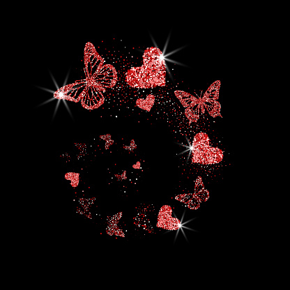 Red glitter butterflies, hearts fly in spiral on black background. Silhouettes with different shapes wing. For Valentine day, wedding invitations, cards, branding, concept design. Vector illustration