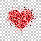 Red glitter Valentines day heart sign badge with transparent background for logo, design concepts, banners, labels, postcards, invitations, prints, posters, web. Vector illustration.