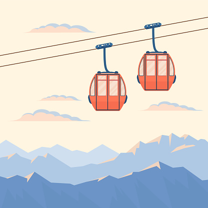 Red gondola ski lift and blue mountains.