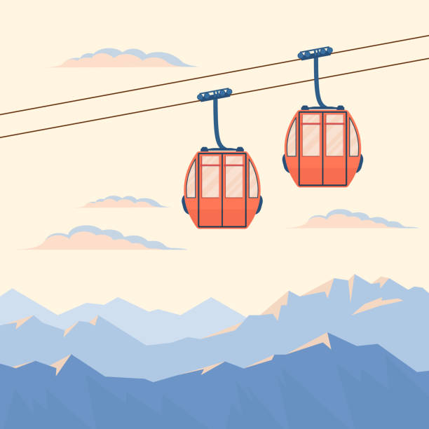 Red gondola ski lift and blue mountains. Red gondola ski lift moves in the air on a cableway on the background of winter snow mountains and sunset, sunrise. Vector flat illustration. cable car stock illustrations