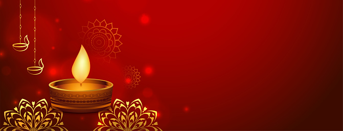 red happy diwali web banner with diya in golden style