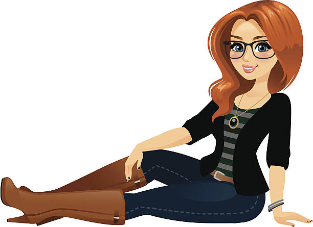 Red Head Beauty in Boots A fashionable red head sitting down wearing boots. Her glasses, necklace, and shirt stripes are easily removed in Ai. heyheydesigns stock illustrations