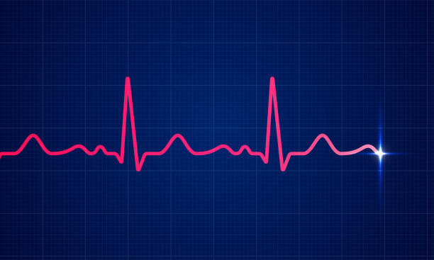 jantung merah mengalahkan irama elektrokardiogram denyut nadi pada latar belakang monitor bagan kardio biru. vector healthcare ecg atau ekg konsep kehidupan medis untuk ilustrasi kardiologi atau resusitasi medis - pengukur denyut nadi ilustrasi stok