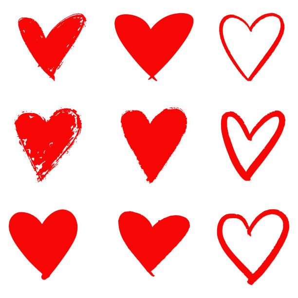 ilustraciones, imágenes clip art, dibujos animados e iconos de stock de juego de icono dibujado a mano con corazón rojo. - heart