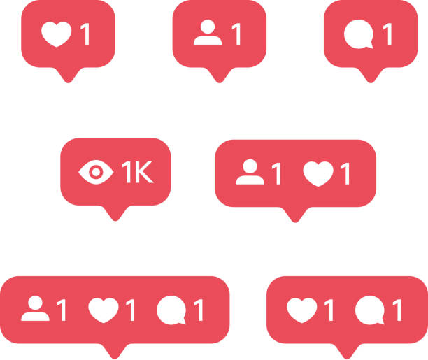 ilustrações, clipart, desenhos animados e ícones de como de coração vermelho, nova mensagem bolha, modelos ícones números quantidade de solicitação notificações amigo. ícones de aplicativo de rede social. - redes sociais