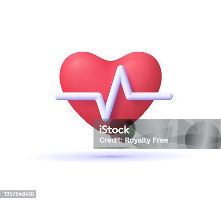 istock Red heart with white pulse line on white background. Heart pulse, heartbeat lone, cardiogram. Healthy lifestyle, cardiac assistance, pulse beat measure, medical healthcare concept. 3d vector icon. 1357548410