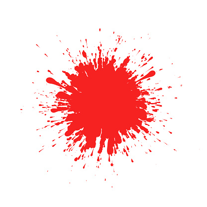 Red ink splatter on white background formed by individual particles.