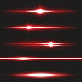 Red horizontal lens flares pack. Laser beams, horizontal light rays. Vector, eps10