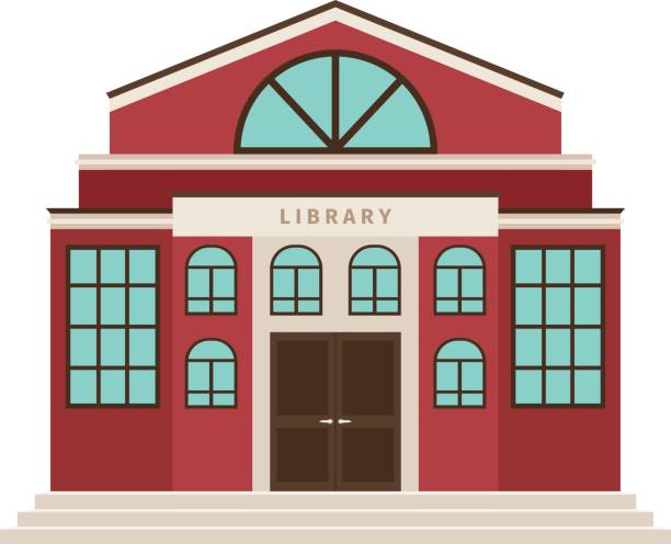 Red library cartoon building icon Red library cartoon building icon for city design. Vector illustration door clipart stock illustrations
