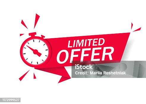 istock Red limited offer with clock for promotion, banner, price. Label countdown of time for offer sale or exclusive deal.Alarm clock with limited offer of chance on isolated background. vector 1172999527