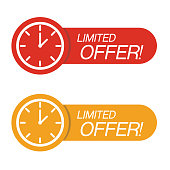 Red limited offer with clock for promotion, banner, price. Label countdown of time for offer sale or exclusive deal.Alarm clock with limited offer of chance on isolated background. vector illustration eps 10
