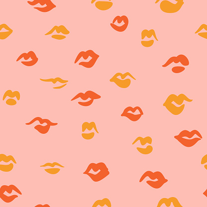 Red lips seamless pattern. Doodle lip kiss background. Retro fashion glamour print.