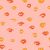 istock Red lips seamless pattern. Doodle lip kiss background. Retro fashion glamour print. 1263215439