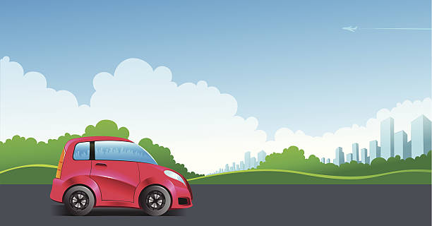 Red little vehicle on the highway vector art illustration