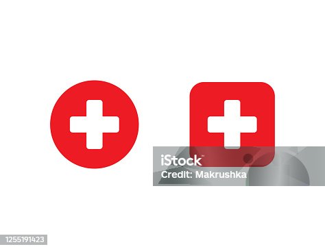 istock Red medical cross in circle and square. First aid sign. Hospital emblem. Emergency button. White plus icon in flat design. Isolated cross symbol. Pharmacy health care. Vector EPS 10. 1255191423
