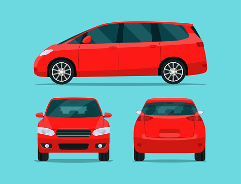 Red minivan isolated. Minivan with side view, back view and front view. Vector flat style illustration.