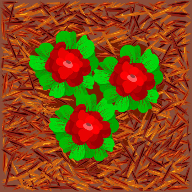 ilustraciones, imágenes clip art, dibujos animados e iconos de stock de mantillo rojo y flores. mantillo brillante para macizos de flores con corteza de pino natural. - mulch