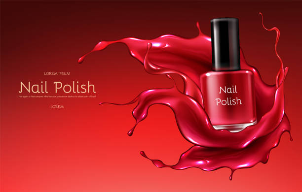 Red nail polish realistic vector promo banner Red nail polish 3d realistic vector advertising banner with glass bottle in glossy, liquid varnish enamel splash frozen motion illustration. Womens cosmetics and make up product promotional mockup nail polish bottle stock illustrations